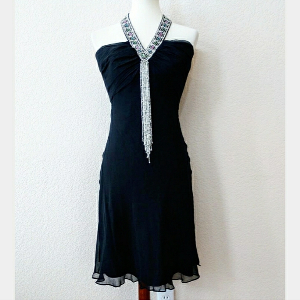 Jovani black silk beaded halter cocktail dress